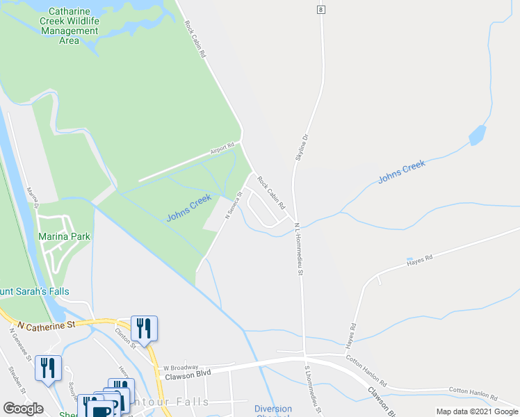 map of restaurants, bars, coffee shops, grocery stores, and more near 325 Rock Cabin Road in Montour Falls