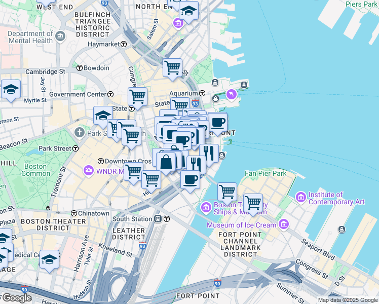 map of restaurants, bars, coffee shops, grocery stores, and more near 59-99 Purchase Street in Boston