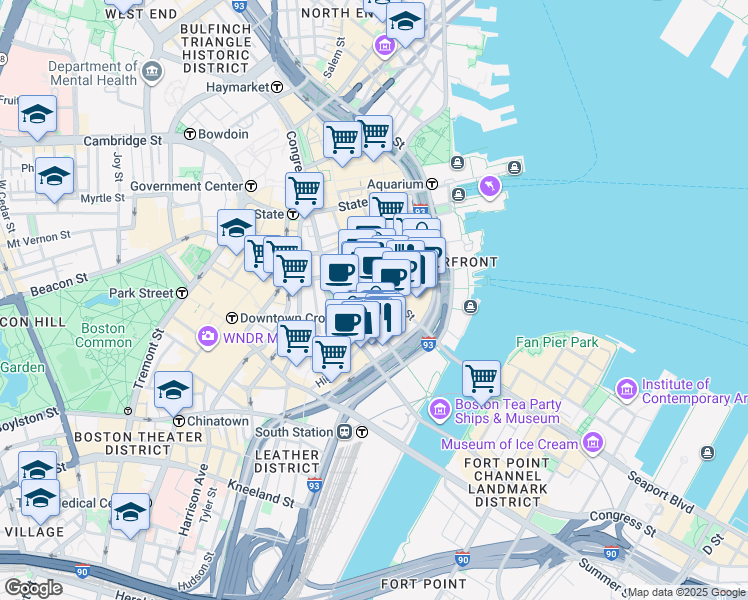 map of restaurants, bars, coffee shops, grocery stores, and more near in Boston