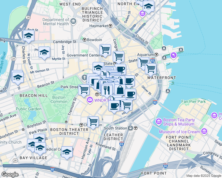 map of restaurants, bars, coffee shops, grocery stores, and more near 20 Winthrop Square in Boston