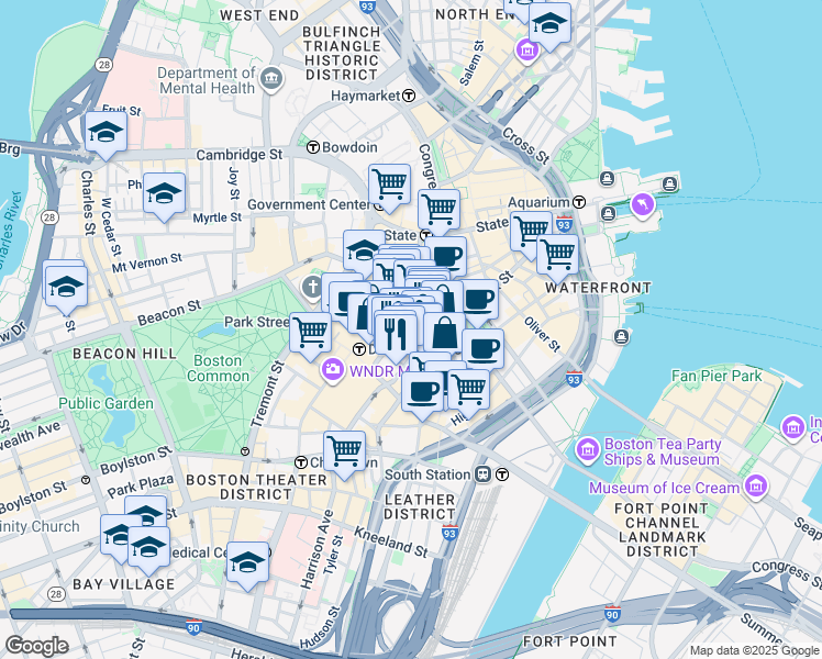 map of restaurants, bars, coffee shops, grocery stores, and more near in Boston