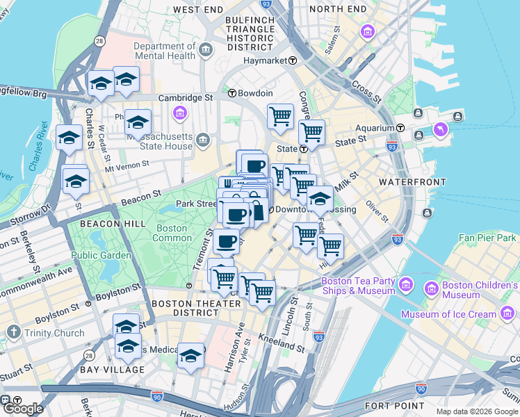 map of restaurants, bars, coffee shops, grocery stores, and more near 450 Washington Street in Boston