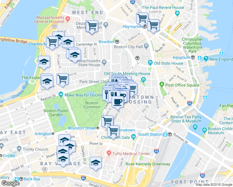 map of restaurants, bars, coffee shops, grocery stores, and more near in Boston