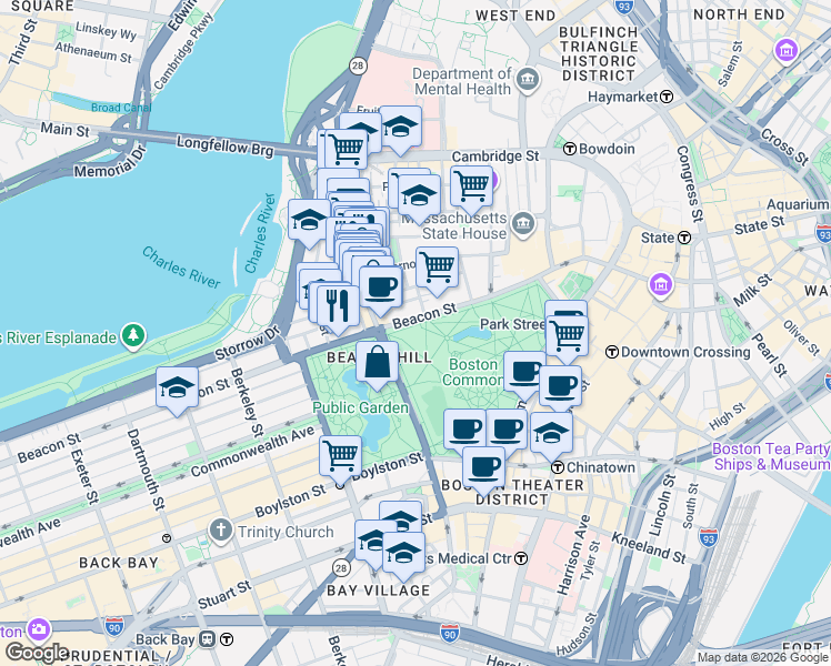 map of restaurants, bars, coffee shops, grocery stores, and more near in Boston