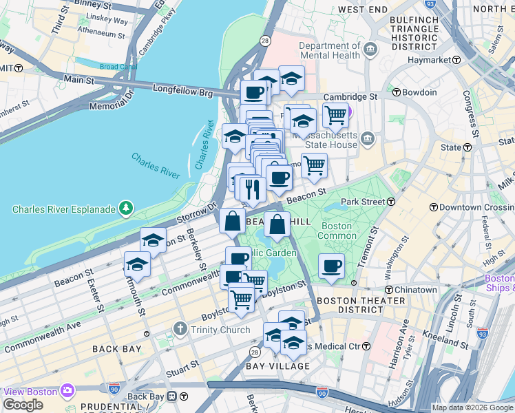 map of restaurants, bars, coffee shops, grocery stores, and more near in Boston