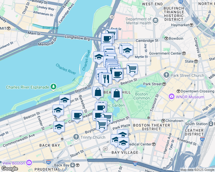 map of restaurants, bars, coffee shops, grocery stores, and more near 87 Beacon Street in Boston