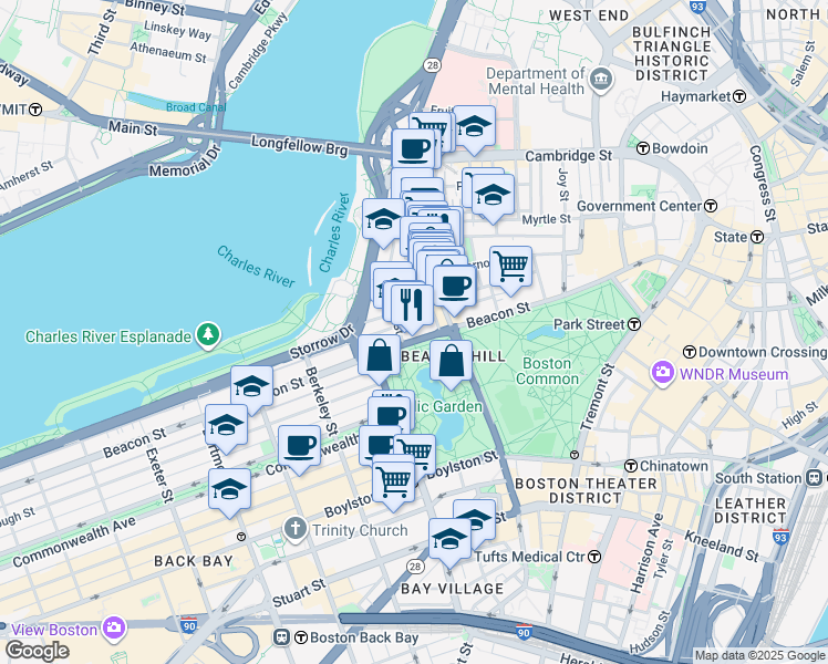 map of restaurants, bars, coffee shops, grocery stores, and more near 87 Beacon Street in Boston