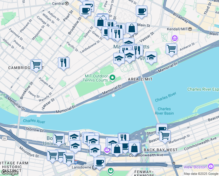 map of restaurants, bars, coffee shops, grocery stores, and more near 406 Memorial Drive in Cambridge