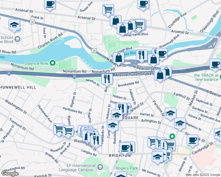 map of restaurants, bars, coffee shops, grocery stores, and more near 89 Hobart Street in Boston