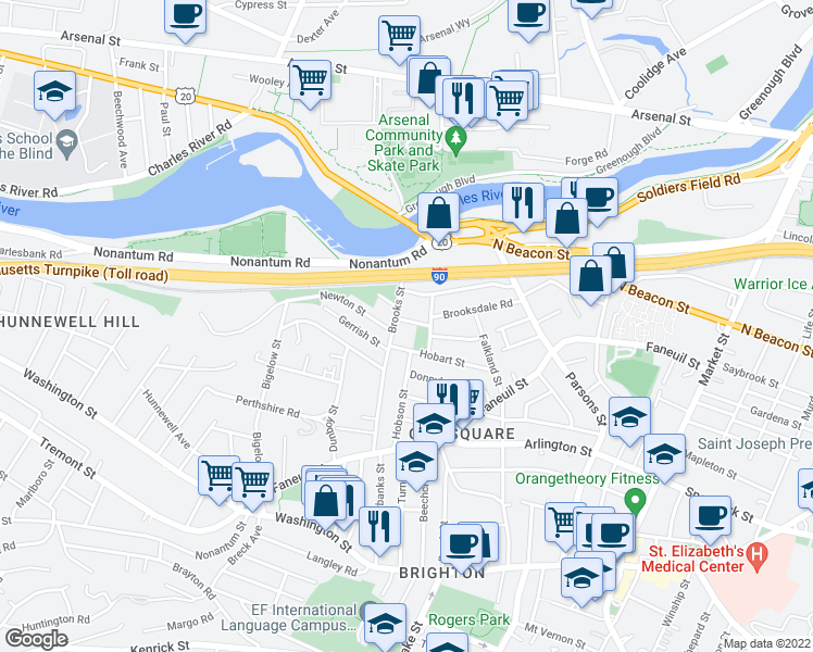 map of restaurants, bars, coffee shops, grocery stores, and more near 89 Hobart Street in Boston