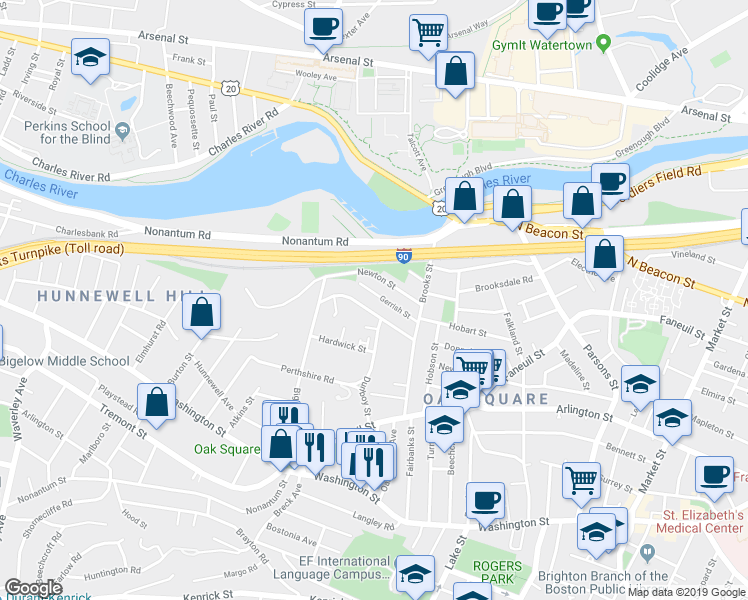 map of restaurants, bars, coffee shops, grocery stores, and more near 183 Bigelow Street in Boston