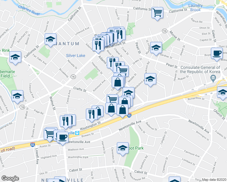 map of restaurants, bars, coffee shops, grocery stores, and more near 61-63 Lincoln Road in Newton