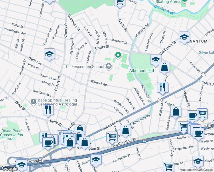 map of restaurants, bars, coffee shops, grocery stores, and more near 111 Fairway Drive in Newton
