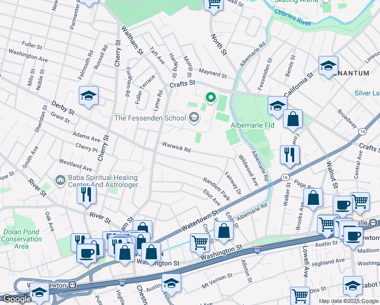map of restaurants, bars, coffee shops, grocery stores, and more near 111 Fairway Drive in Newton