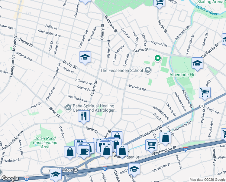 map of restaurants, bars, coffee shops, grocery stores, and more near 15 North Gate Park in Newton