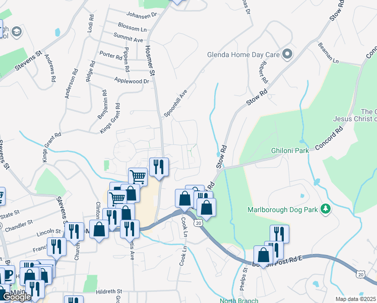 map of restaurants, bars, coffee shops, grocery stores, and more near 18 Briarwood Lane in Marlborough