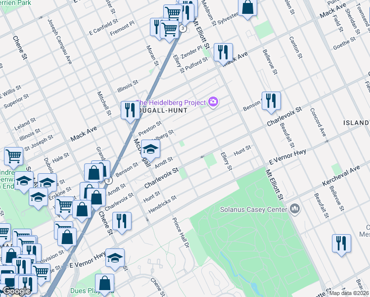 map of restaurants, bars, coffee shops, grocery stores, and more near 2943 Elmwood Street in Detroit