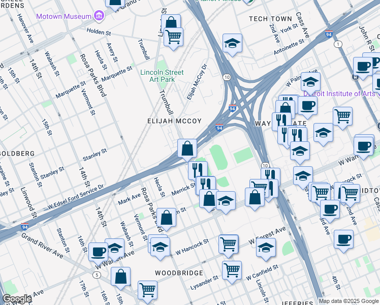 map of restaurants, bars, coffee shops, grocery stores, and more near 5287 Trumbull in Detroit