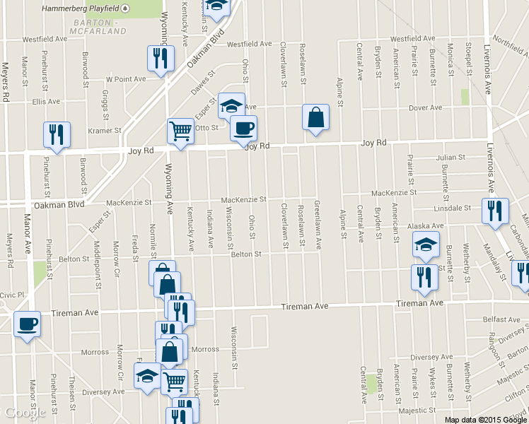 map of restaurants, bars, coffee shops, grocery stores, and more near 8286 Ohio Street in Detroit
