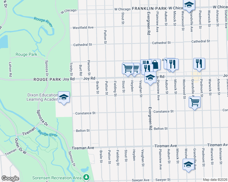map of restaurants, bars, coffee shops, grocery stores, and more near 8515 Fielding Street in Detroit