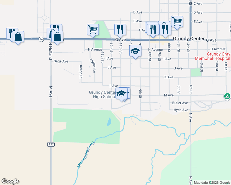 map of restaurants, bars, coffee shops, grocery stores, and more near 1101 M Avenue in Grundy Center