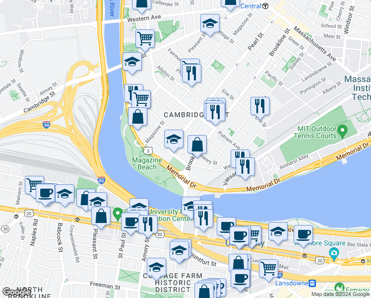 map of restaurants, bars, coffee shops, grocery stores, and more near 5 Granite Street in Cambridge