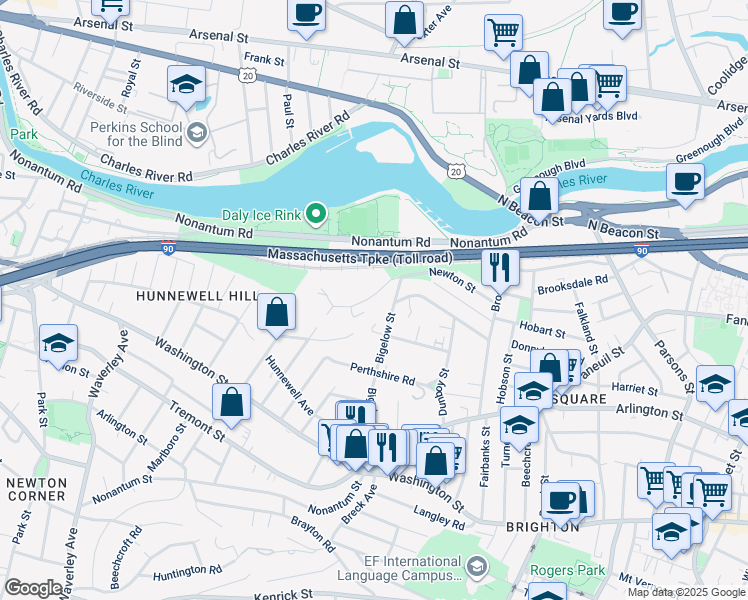 map of restaurants, bars, coffee shops, grocery stores, and more near 168 Newton Street in Boston