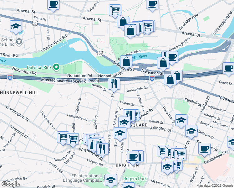 map of restaurants, bars, coffee shops, grocery stores, and more near 89 Hobart Street in Boston