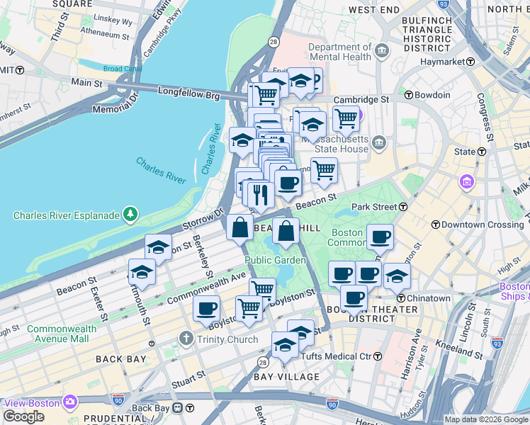 map of restaurants, bars, coffee shops, grocery stores, and more near in Boston