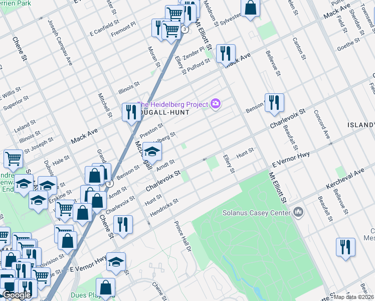 map of restaurants, bars, coffee shops, grocery stores, and more near 2943 Elmwood Street in Detroit