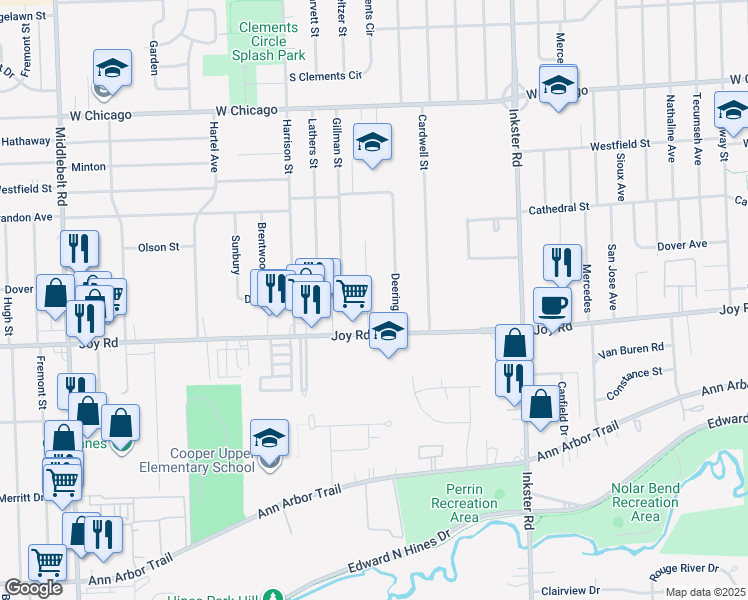 map of restaurants, bars, coffee shops, grocery stores, and more near 8914 Floral Street in Livonia