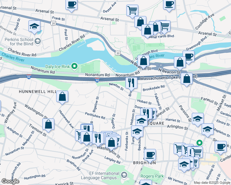 map of restaurants, bars, coffee shops, grocery stores, and more near 183 Bigelow Street in Boston