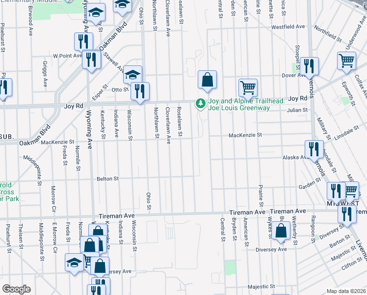 map of restaurants, bars, coffee shops, grocery stores, and more near 8328 Roselawn Street in Detroit