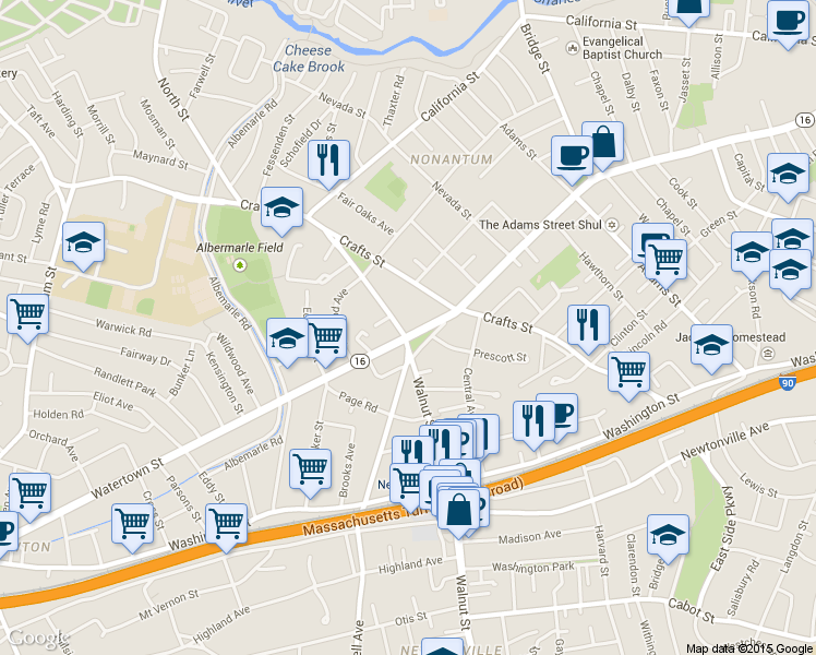 map of restaurants, bars, coffee shops, grocery stores, and more near in Newton