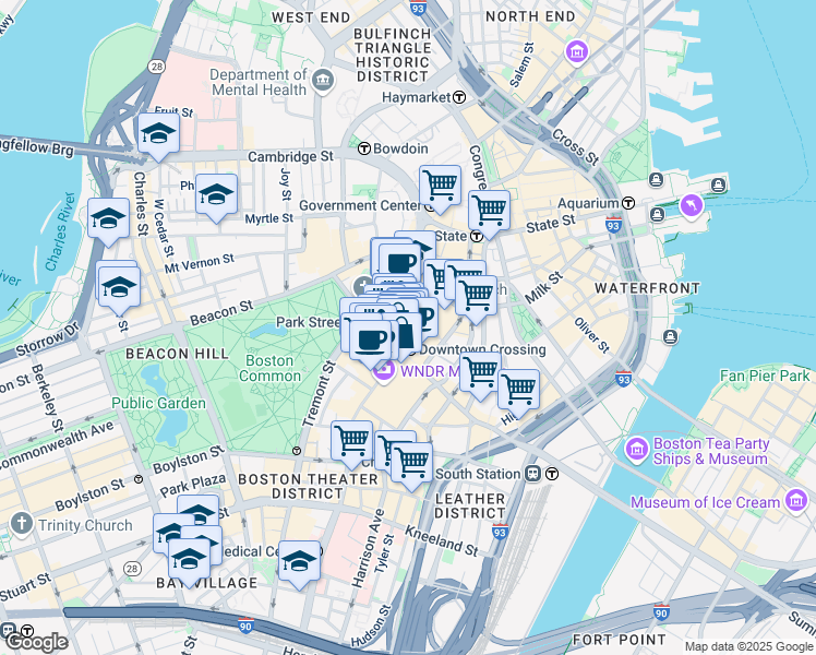 map of restaurants, bars, coffee shops, grocery stores, and more near 450 Washington Street in Boston