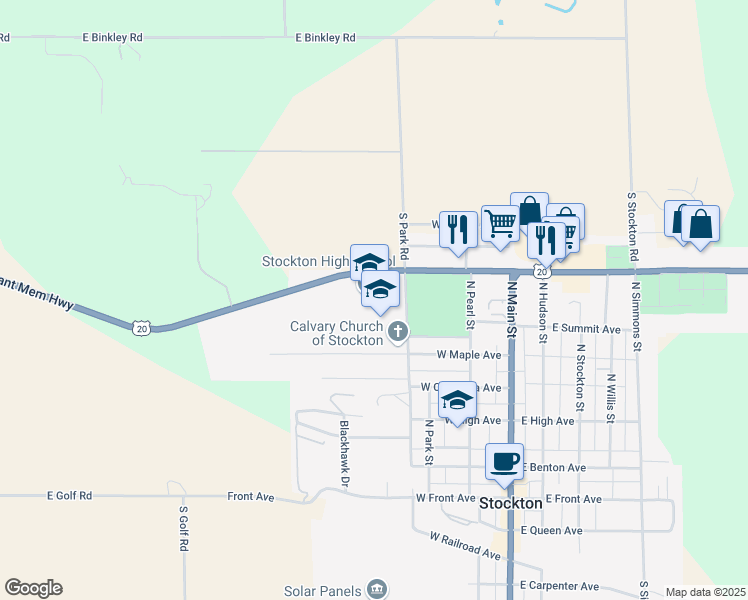 map of restaurants, bars, coffee shops, grocery stores, and more near 540 North Rush Street in Stockton