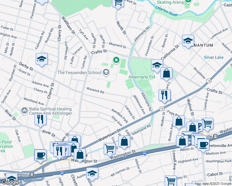 map of restaurants, bars, coffee shops, grocery stores, and more near 83 Fairway Drive in Newton