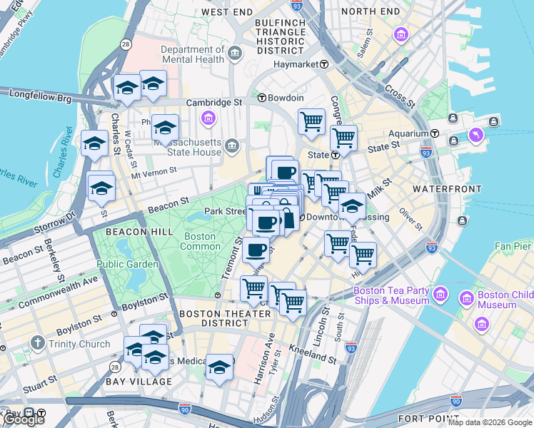map of restaurants, bars, coffee shops, grocery stores, and more near 450 Washington Street in Boston