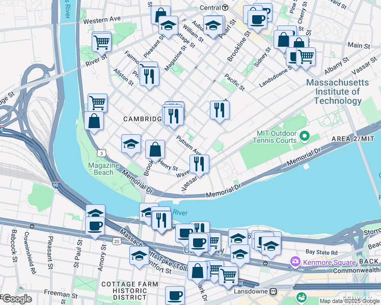 map of restaurants, bars, coffee shops, grocery stores, and more near 169 Waverly Street in Cambridge