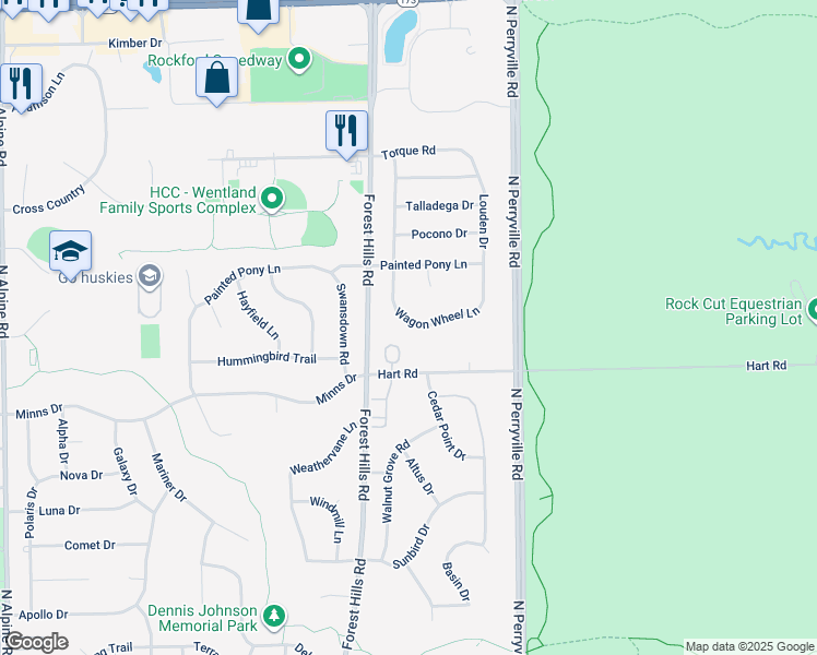 map of restaurants, bars, coffee shops, grocery stores, and more near 6515 Timberleaf Court in Loves Park