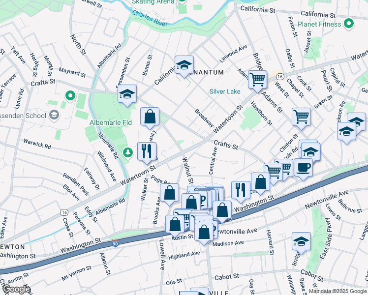 map of restaurants, bars, coffee shops, grocery stores, and more near 583 Watertown Street in Newton