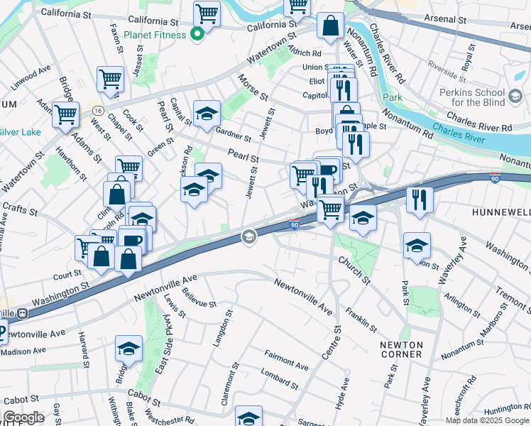 map of restaurants, bars, coffee shops, grocery stores, and more near 431 Washington Street in Newton