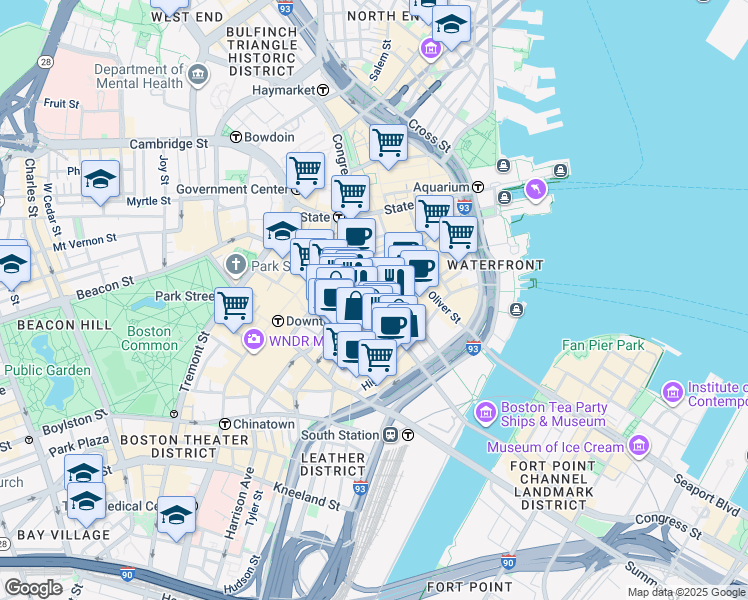 map of restaurants, bars, coffee shops, grocery stores, and more near 130 Congress Street in Boston