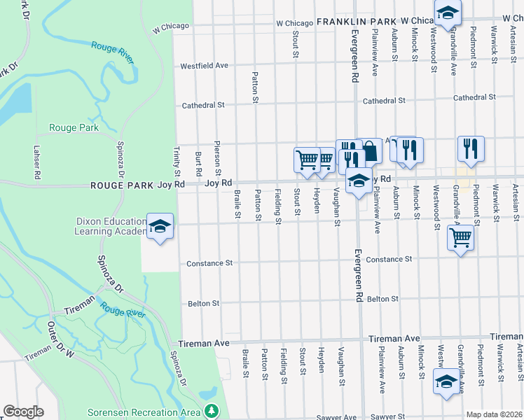 map of restaurants, bars, coffee shops, grocery stores, and more near 8515 Fielding Street in Detroit
