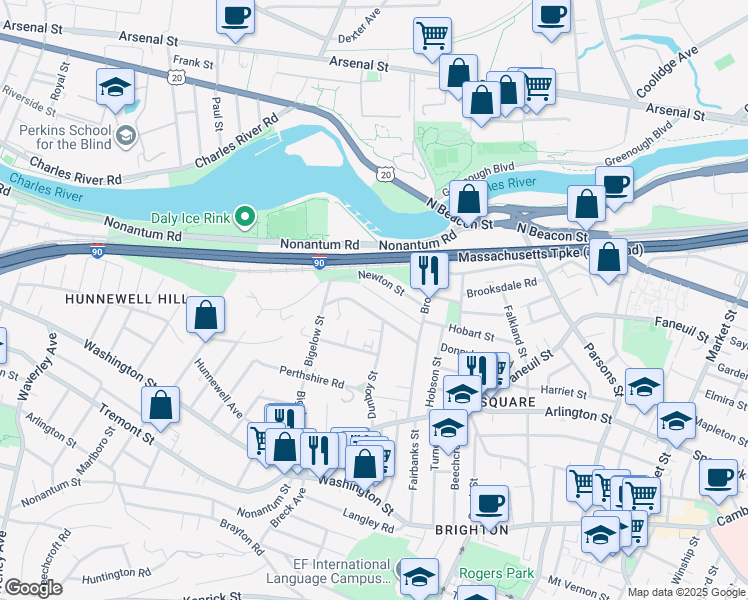 map of restaurants, bars, coffee shops, grocery stores, and more near 46 Gerrish Street in Boston