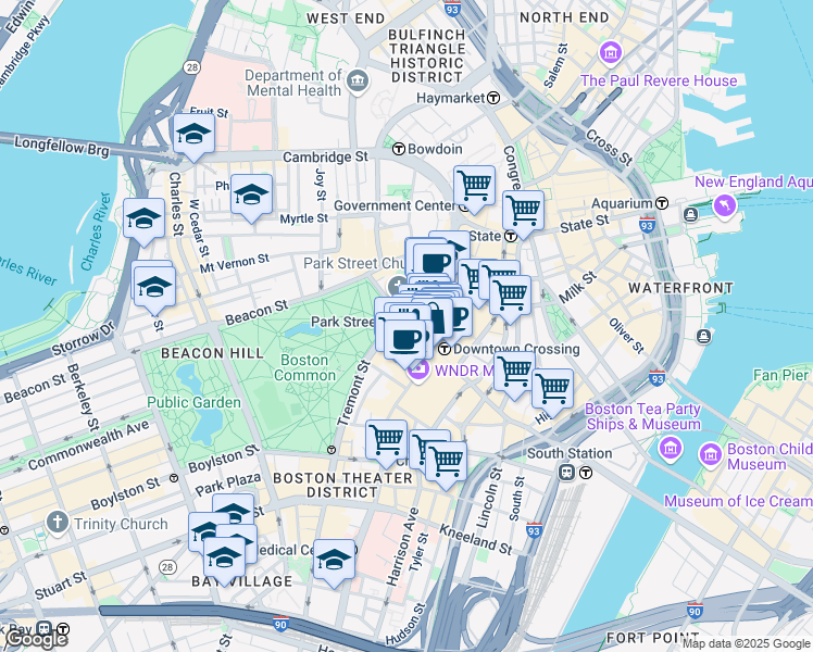 map of restaurants, bars, coffee shops, grocery stores, and more near 450 Washington Street in Boston