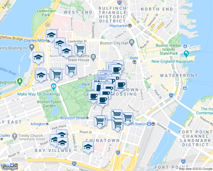 map of restaurants, bars, coffee shops, grocery stores, and more near in Boston