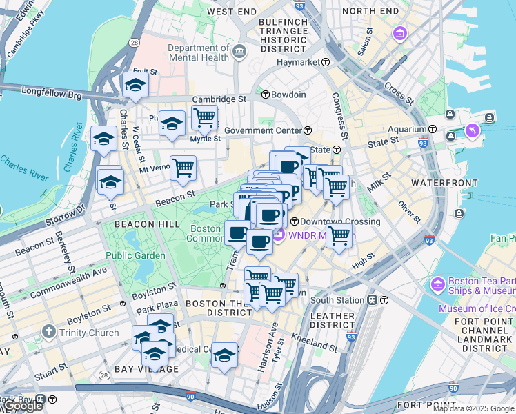 map of restaurants, bars, coffee shops, grocery stores, and more near 10 Temple Place in Boston