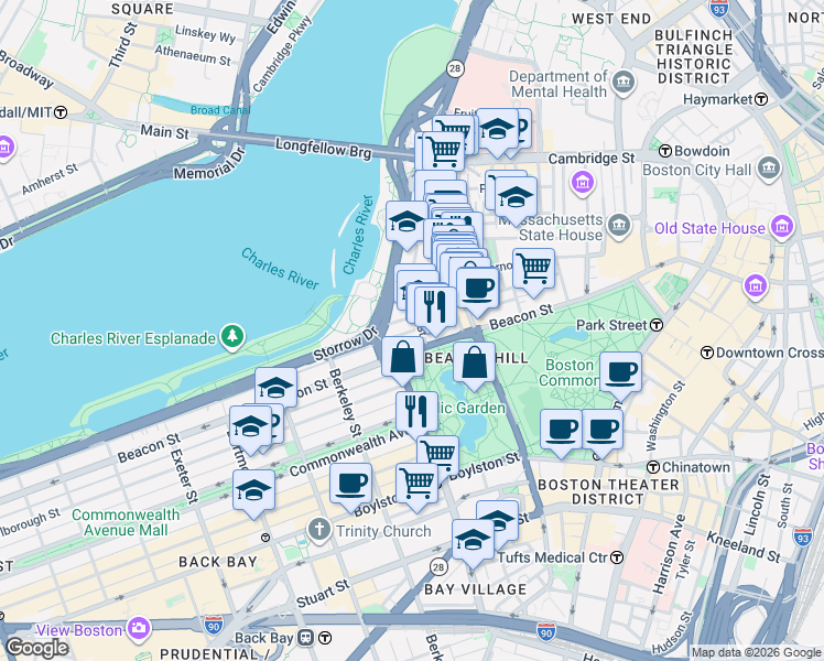 map of restaurants, bars, coffee shops, grocery stores, and more near 87 Beacon Street in Boston