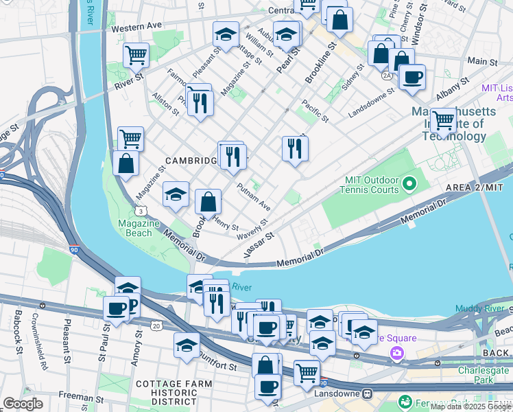 map of restaurants, bars, coffee shops, grocery stores, and more near 169 Waverly Street in Cambridge